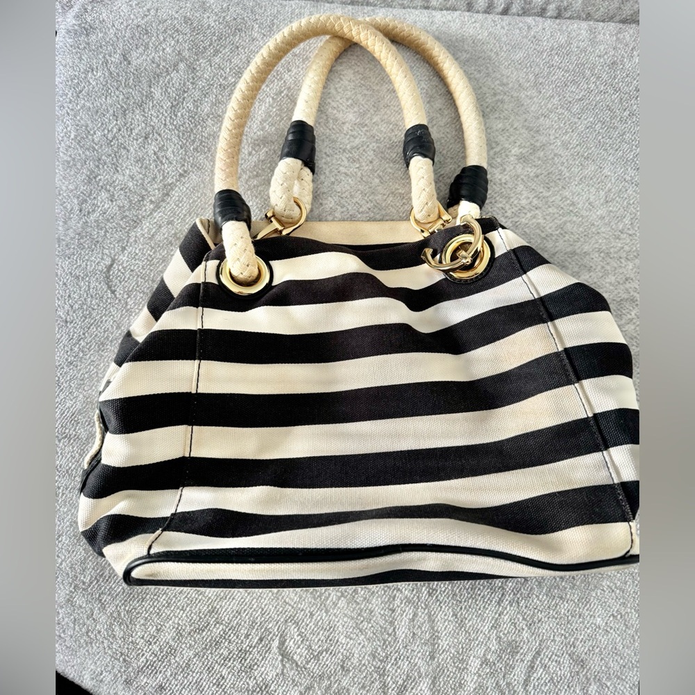 Michael Kors Striped Black and Cream Canvas Tote with Rope Handles - Picture 2 of 11